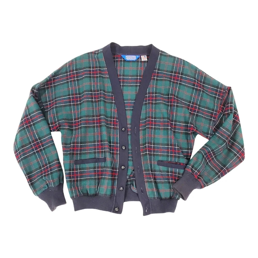 Vintage Pendleton Wool Cardigan Men's M Green Teal Plaid Grandpa Sweater USA 80s